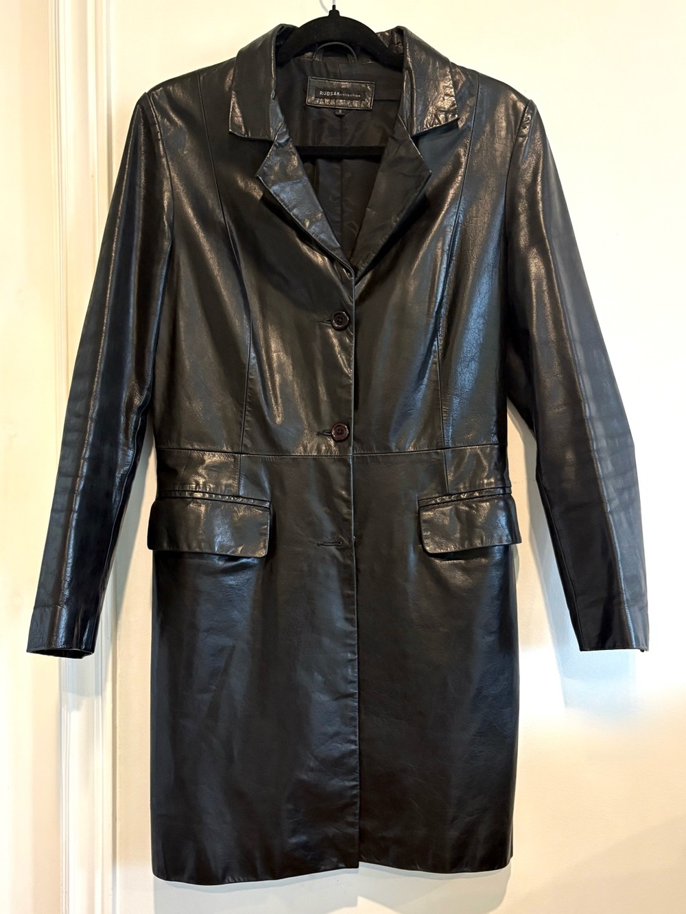 RUDSAK Vintage 3/4 Length Black Leather Single-Breasted Trench Coat Size Small
